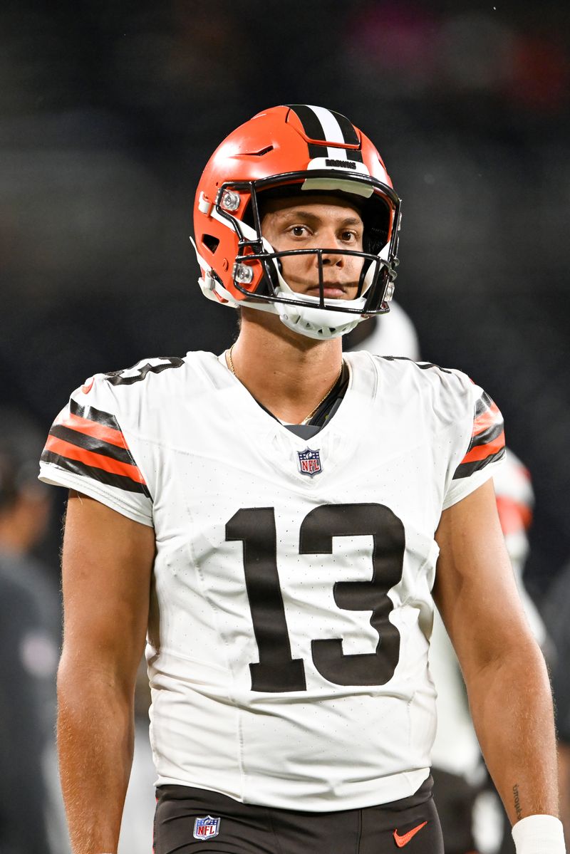 Corey Bojorquez, #13 of the Cleveland Browns, looks on during the second half of a preseason game against the Washington Commanders at Cleveland Browns Stadium on August 11, 2023, in Cleveland, Ohio. (Photo by Nick Cammett/Diamond Images via Getty Images)