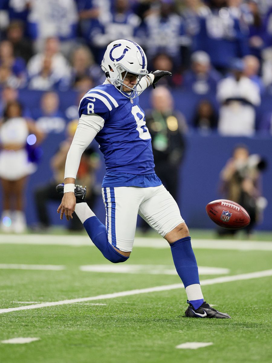 Rigoberto Sanchez, #8 of the Indianapolis Colts, throws a pass against the  Houston Texans at Lucas Oil Stadium on January 06, 2024, in Indianapolis, Indiana. (Photo by Andy Lyons/Getty Images)