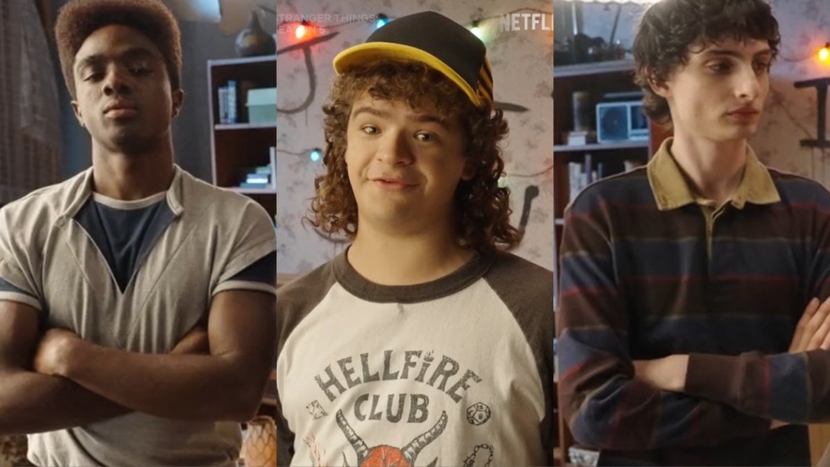 Caleb McLaughlin, Gaten Matarazzo, and Finn Wolfhard, in costume, from the set of Stranger Things season five.