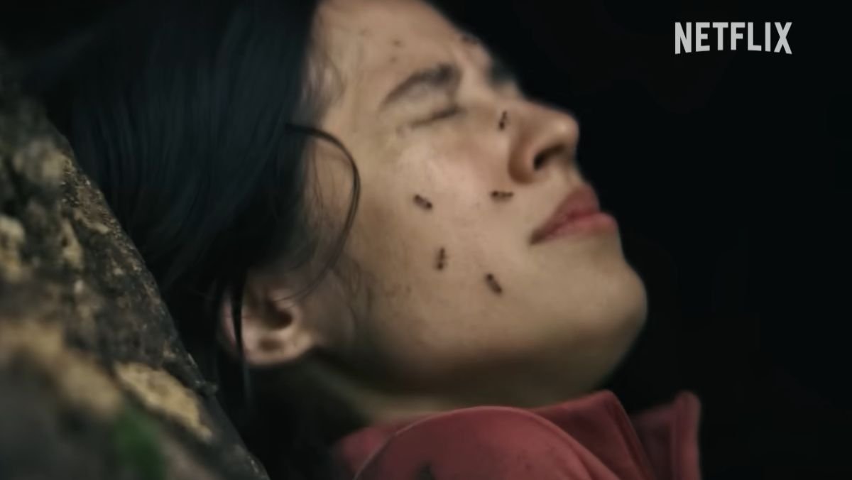 image of a woman with ants crawling on her face in don't move trailer for netflix