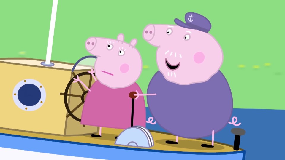 Grandpa Pig (right) voiced by David Graham, next to Peppa Pig (left)