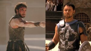 Paul Mescal as Lucius fighting bloodied and holding a sword in Gladiator II split with Russell Crowe as Maximus in Gladiator