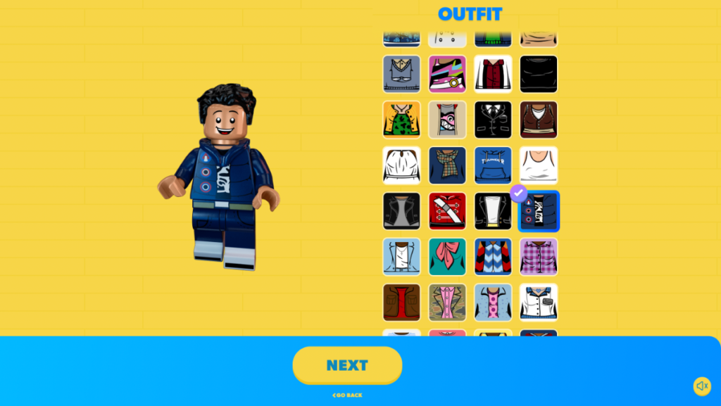 Screenshot of LEGO Minifigure Generator outfit picking page.