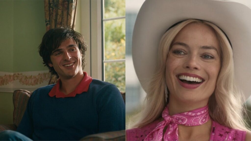 Two images. Left is a still of Jacob Elordi from Saltburn. Right is a still of Margot Robbie from Barbie.