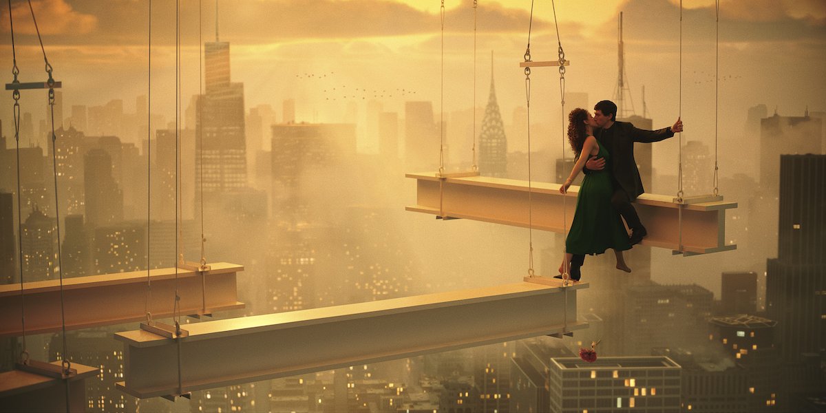 A man and woman stand on steel beams high above a city in Megalopolis