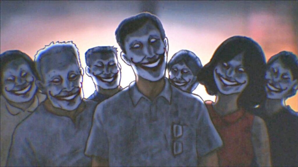 Yamishibai episode with people standing in scary smiling masks