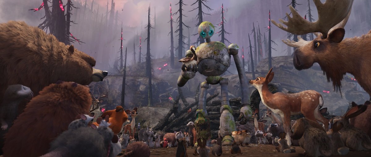 Roz the robot standing amid countless animals in The Wild Robot