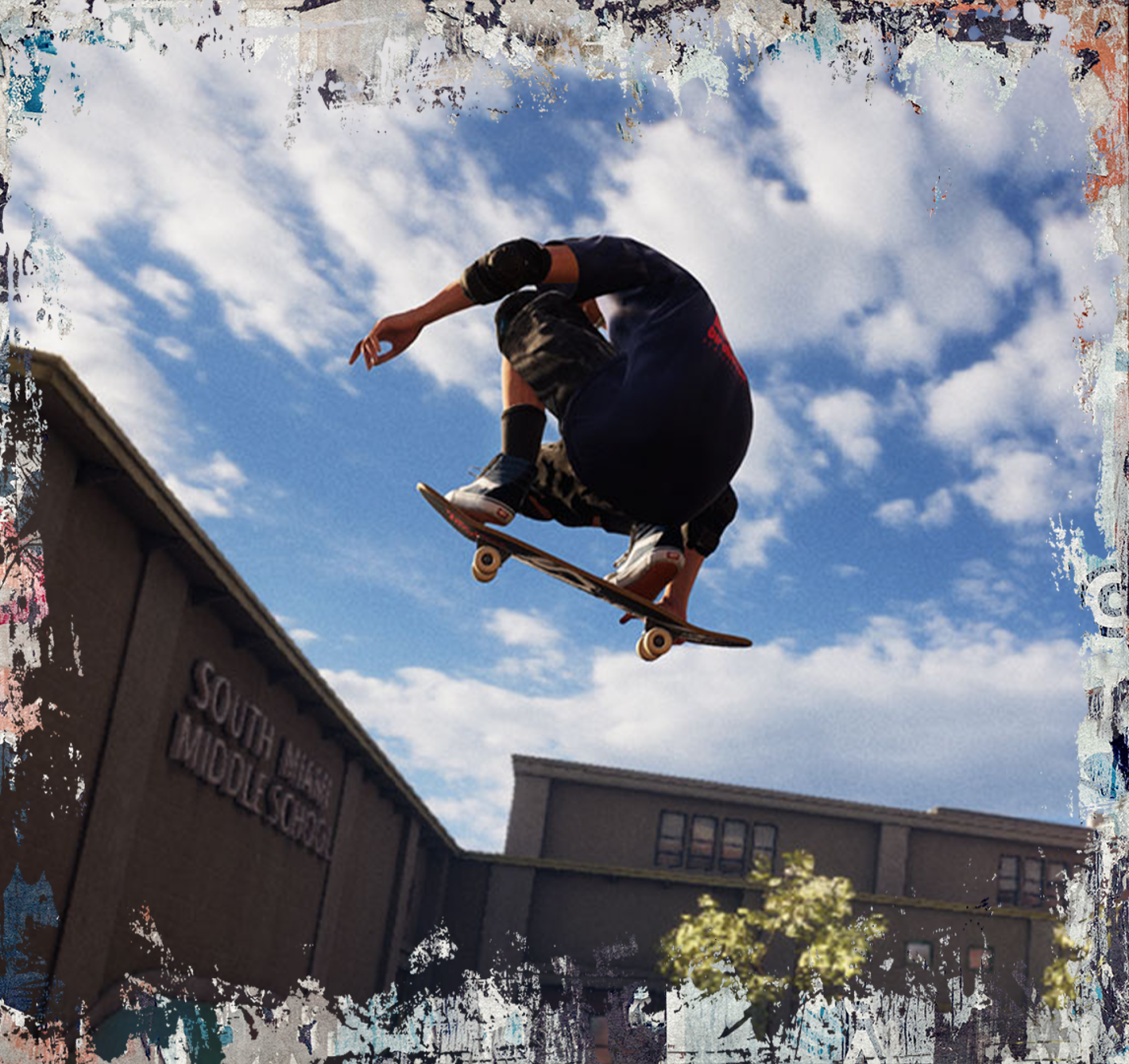 Tony Hawk catches air on a half pipe at the X Games while a crowd watches in the stands.