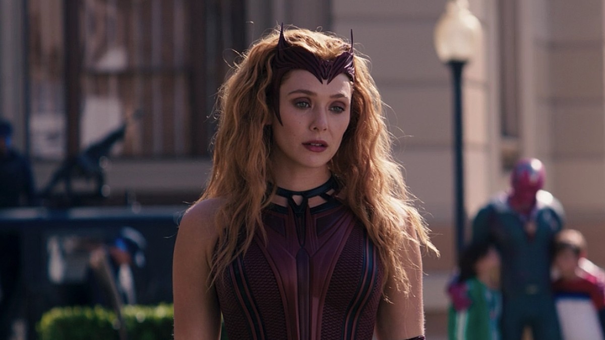 Wanda Maximoff in full costume as Scarlet Witch in a scene from WandaVision.