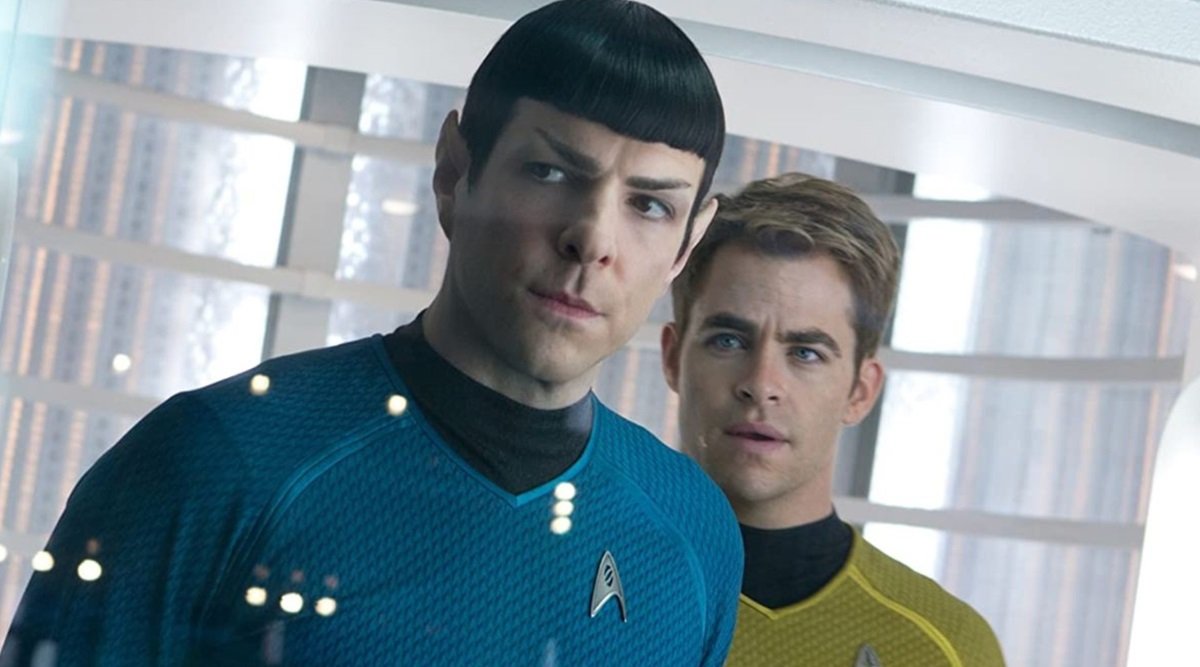 Zachary Quinto and Chris Pine as the alternate universe Spock and Kirk.