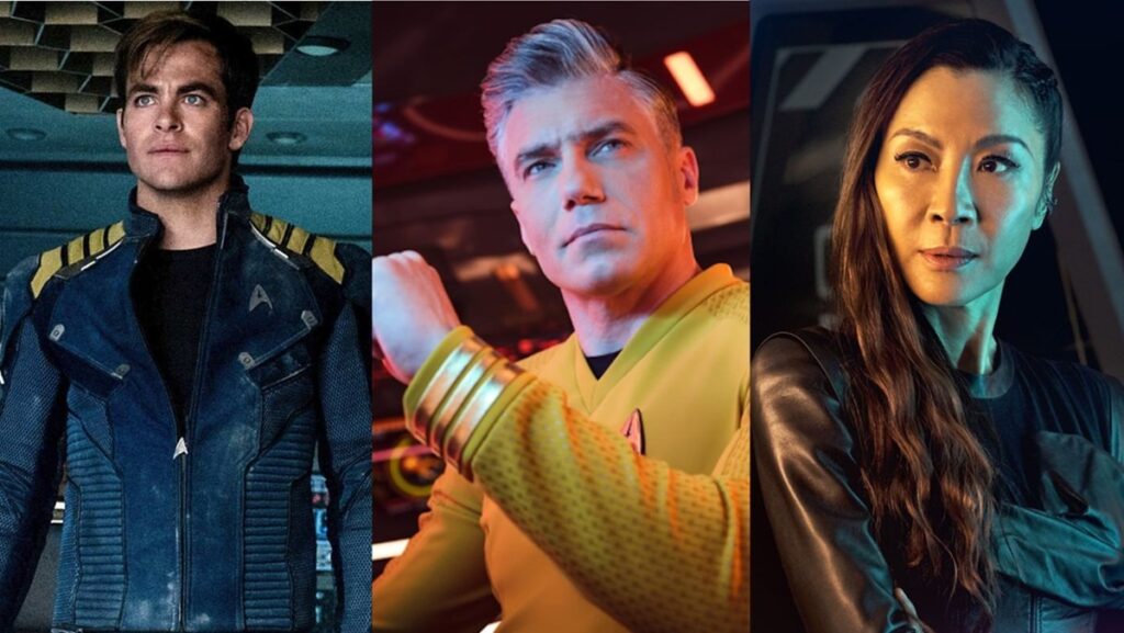 From L to R: Chris Pine in Star Trek: Beyond, Anson Mount in Star Trek: Strange New Worlds, and Michelle Yeoh in Star Trek: Section 31.