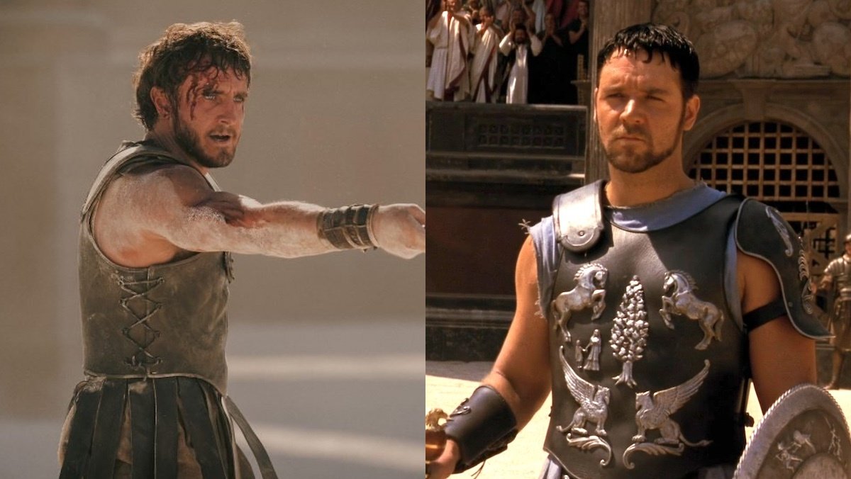 Paul Mescal as Lucius fighting bloodied and holding a sword in Gladiator II split with Russell Crowe as Maximus in Gladiator