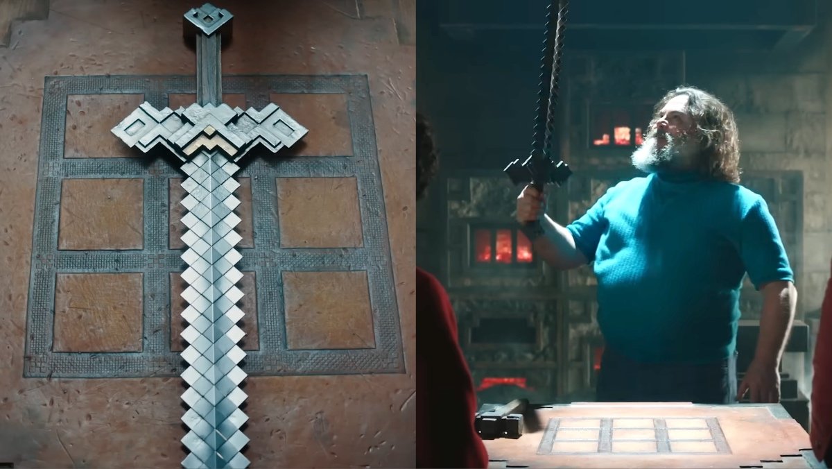 A minecraft movie crafting table and sword