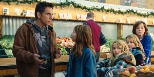 Ben Stiller and the Janson brothers talk in a grocery store in a still from 'Nutcrackers'.