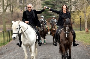 Andrea Bocelli and Veronica Berti Bocelli arrive in New York City on horseback to celebrate Trinity Broadcasting Networks’ premiere of 'THE JOURNEY: A Music Special from Andrea Bocelli' on March 23, 2023.