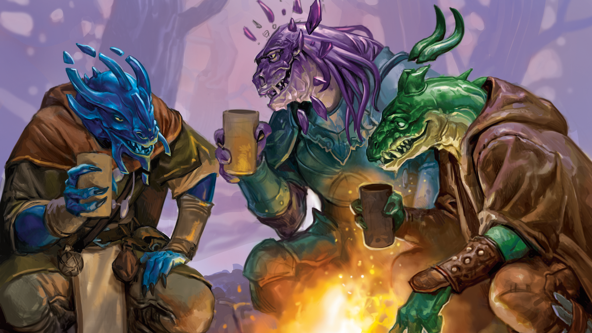 Three dragonborn celebrate around a fire in official Dungeons & Dragons art.