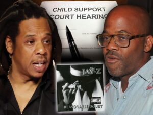 A picture of Jay Z and Damon Dash with the Reasonable Doubt album cover and child support documents between them.