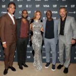 Jennifer Lopez, center, and Matt Damon, far right, pose with cast members from the film "Unstoppable" on Friday, Sept. 6, 2024, in Toronto, Ontario.