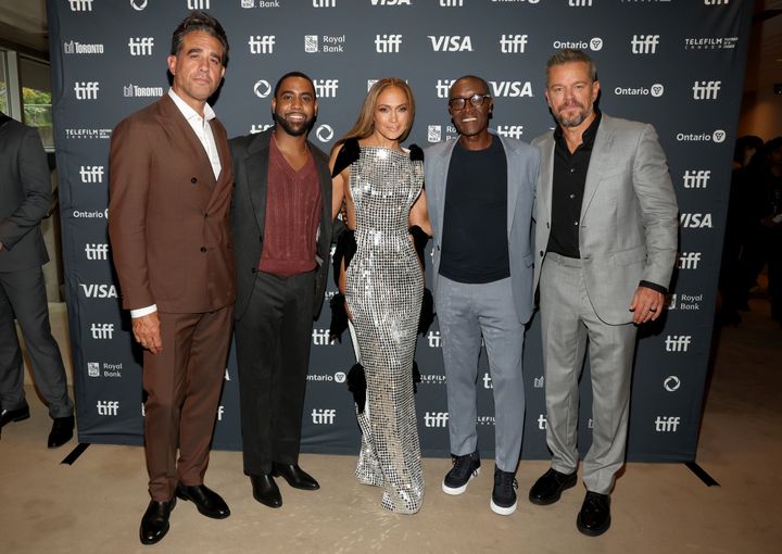 Jennifer Lopez, center, and Matt Damon, far right, pose with cast members from the film "Unstoppable" on Friday, Sept. 6, 2024, in Toronto, Ontario.