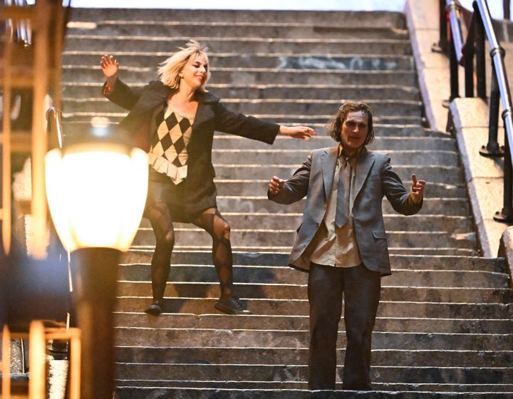 Lady Gaga and Joaquin Phoenix on the set of "Joker: Folie a Deux" at Shakespeare Steps in the Bronx.