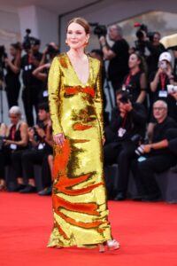 Julianne Moore attended the The Room Next Door red carpet during the 81st Venice International Film Festival on September 02, 2024 in Venice, Italy in a glimmering gown