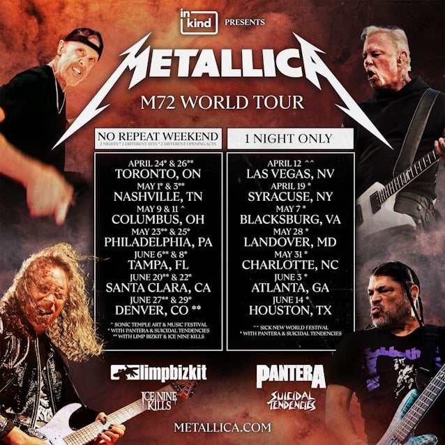 METALLICA Announces 'M72' 2025 North American Tour With PANTERA, LIMP BIZKIT, Others