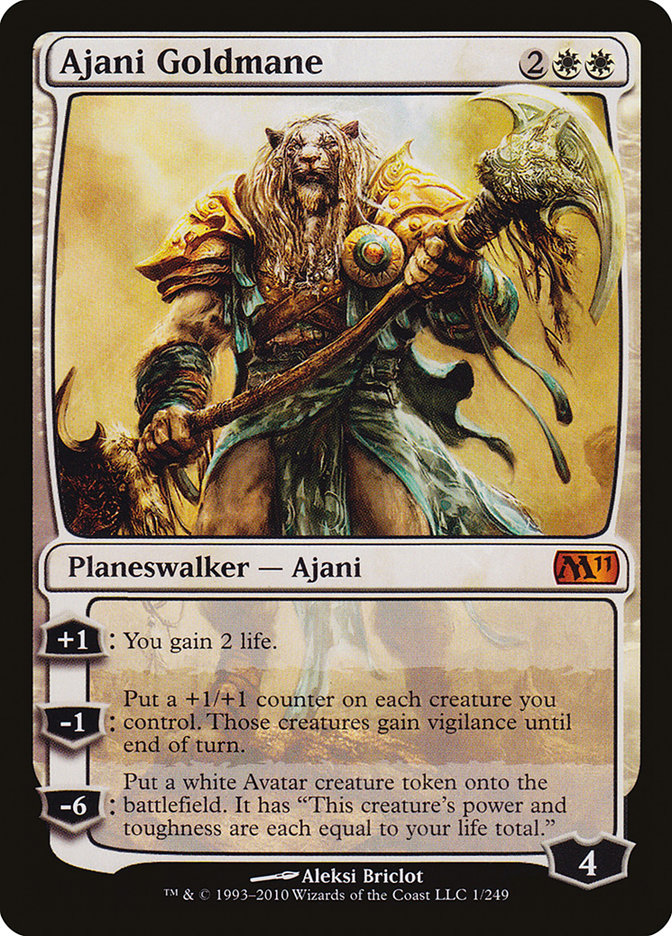 Ajani Goldmane Magic: The Gathering Card from 2011, featuring a tiger man with a giant ax looking badass, cost: 2 common mana, two plains