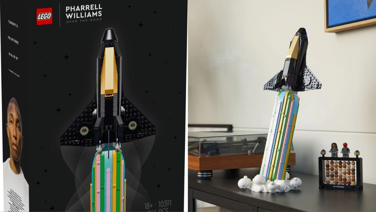 Two images. Left is packaging of Pharrell LEGO Set. Right is unboxed set of space shuttle with colorful jet stream.