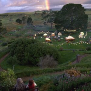 Gandalf and Bilbo sitting and looking at the Shire in Fellowship of the Ring