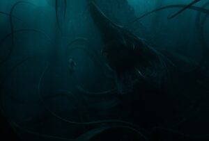 A screenshot of Muriel in the water in front of the giant sea monster in Rings of Power