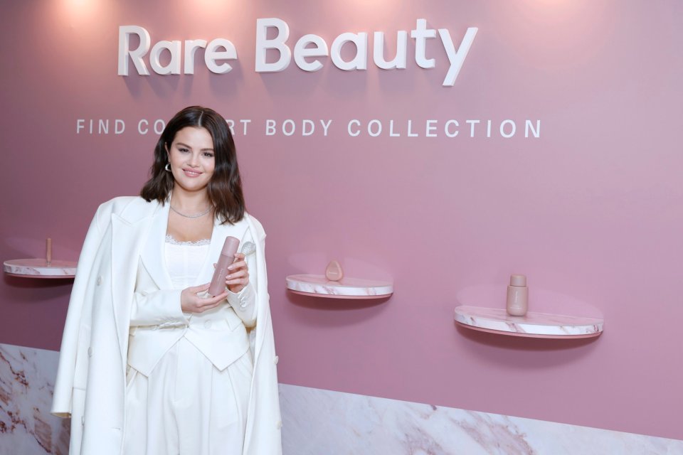 Selena Gomez Celebrates the Launch of Rare Beauty's Find Comfort Body Collection on January 10, 2024, in Beverly Hills, California