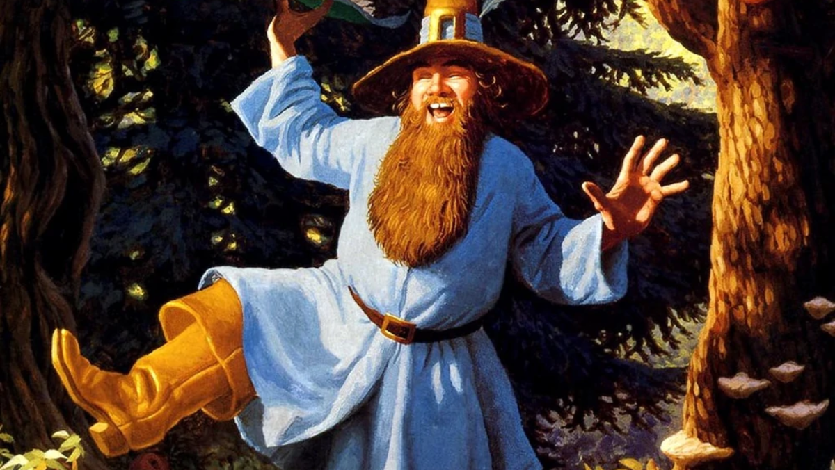 An artist rendition of Tom Bombadil from The Lord of the Rings wears a blue cloak and yellow boots and has a long beard and is dancing with his hands in the air.