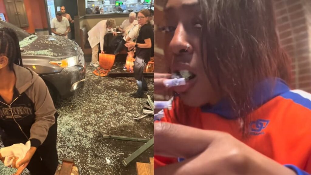 TikToker goes viral after car crashes into restaurant while filming mukbang