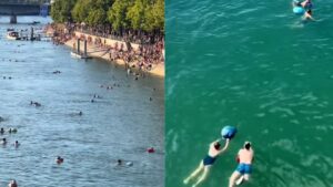 Viewers baffled as they witness Swiss locals floating home from work in river