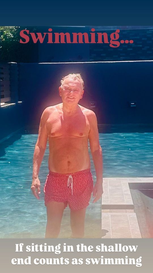 Maggie Sajak posts a picture of her dad Pat Sajak posing shirtless in red swim trunks after taking a dip in the pool