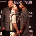 Canelo Alvarez and Edgar Berlanga face off during a press conference to promote their September 14th fight at The Beverly Hills Hotel â Crystal Ballroom on August 06, 2024 in Beverly Hills, California.  (Photo by Kaelin Mendez/Getty Images)