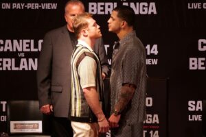 Canelo Alvarez and Edgar Berlanga face off during a press conference to promote their September 14th fight at The Beverly Hills Hotel â Crystal Ballroom on August 06, 2024 in Beverly Hills, California.  (Photo by Kaelin Mendez/Getty Images)