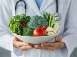 A doctor holding a bowl of fresh vegetables