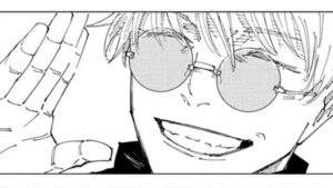 Satoru Gojo in Jujutsu Kaisen Chapter 236, smiling broadly as he lifts his hand in a wave