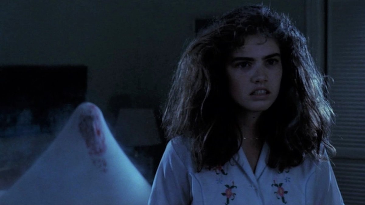 Nancy (Heather Langenkamp) confronts Freddy (Robert Englund) in A Nightmare on Elm Street's final act. 