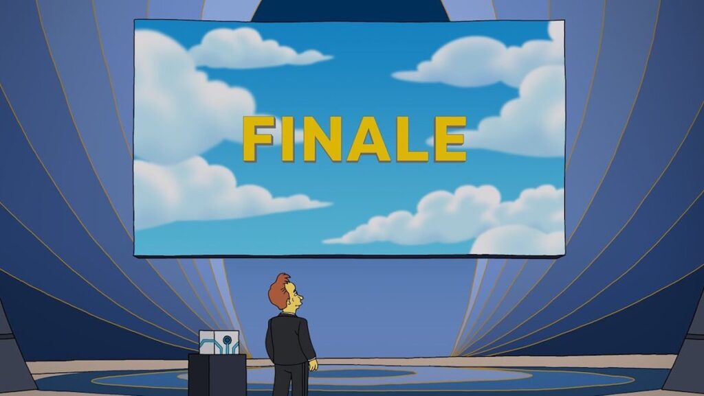 Animated Conan O'Brien in a tux on stage looking at a big screen saying Finale in The Simpsons opening credits style