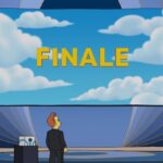 Animated Conan O'Brien in a tux on stage looking at a big screen saying Finale in The Simpsons opening credits style