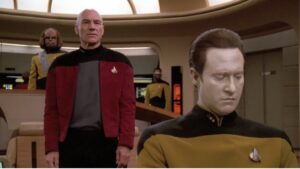 Captain Picard, Data, Worf, and La Forge on the Enterprise bridge in the Star Trek: TNG episode The Inner Light.