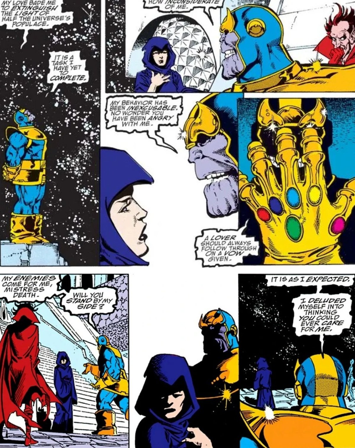 Thanos tries to court Death in the original Infinity Gauntlet comics. Art by George Perez. 