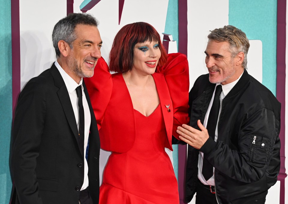 Lady Gaga, director Todd Phillips and Joaquin Phoenix at the London premiere