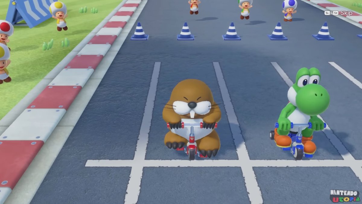 Monty Mole on a tricycle next to Yoshi in Super Mario Party.