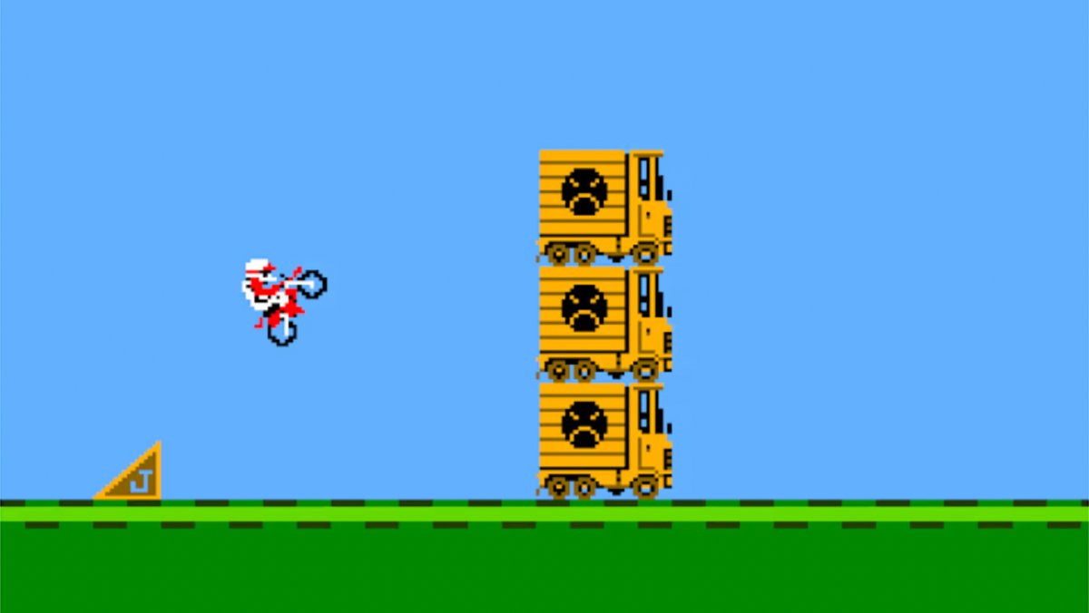 8-bit style biker trying to jump over three stacked trucks.