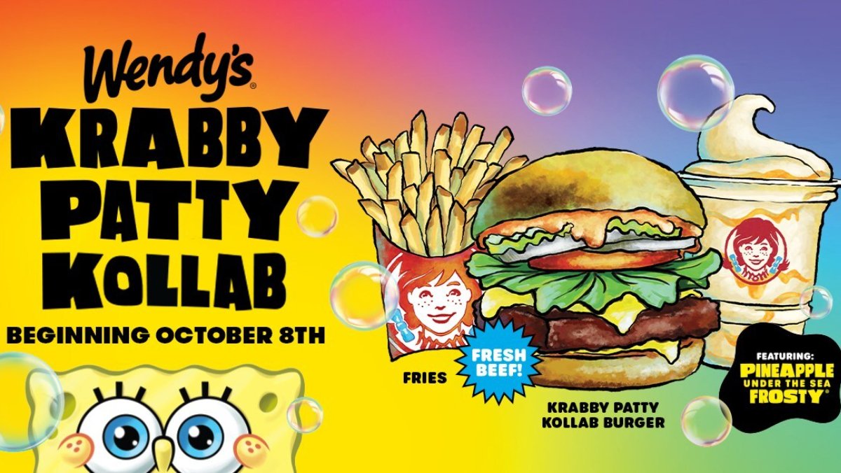 Digital poster advertising Krabby Patty Kollab with Wendy's. Spongebob is on the poster and a pineapple frosty, Krusty Krab burger, and Wendy's fries.