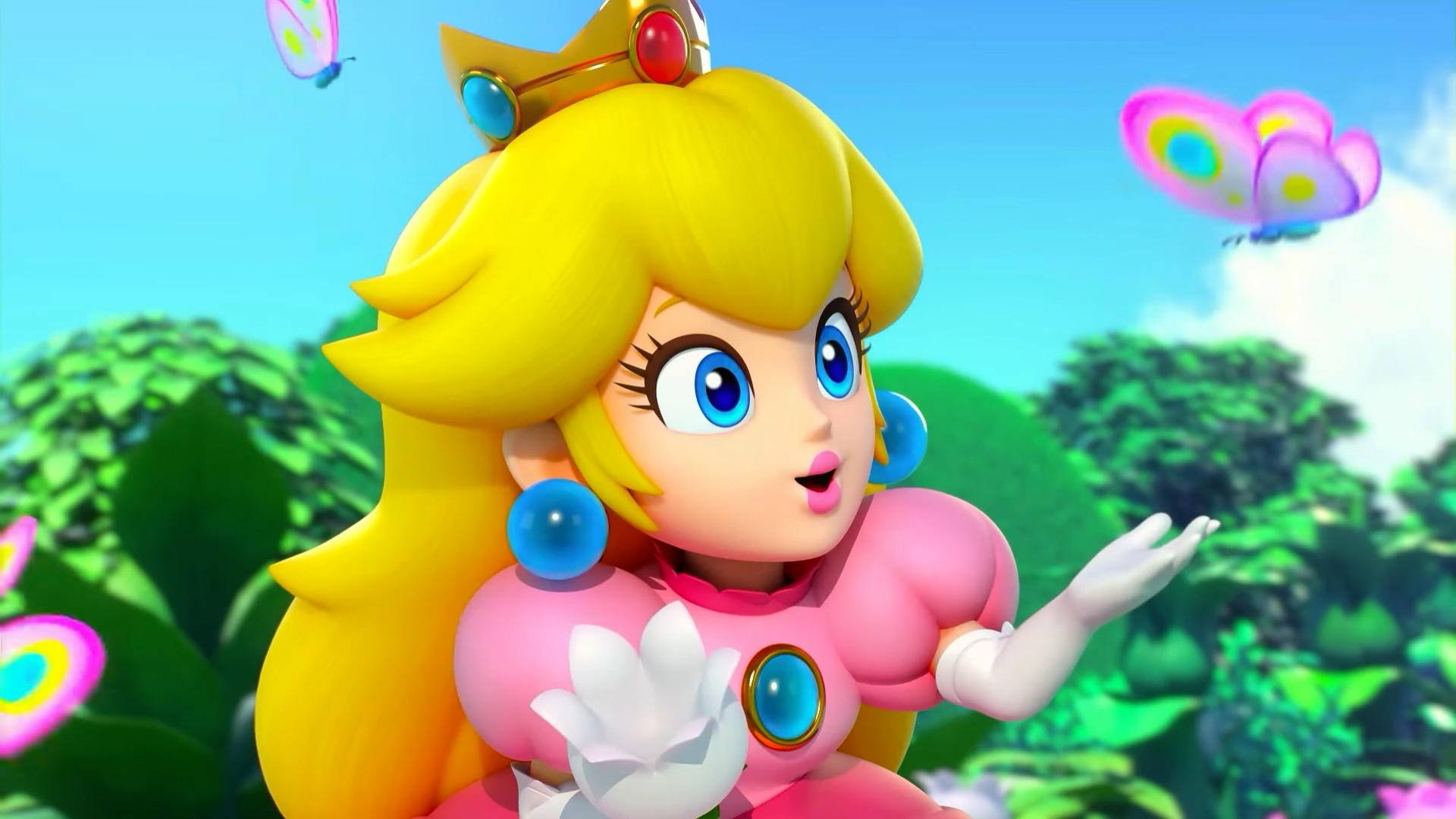 Princess Peach smiles and offers a hand to a butterfly in Super Mario RPG