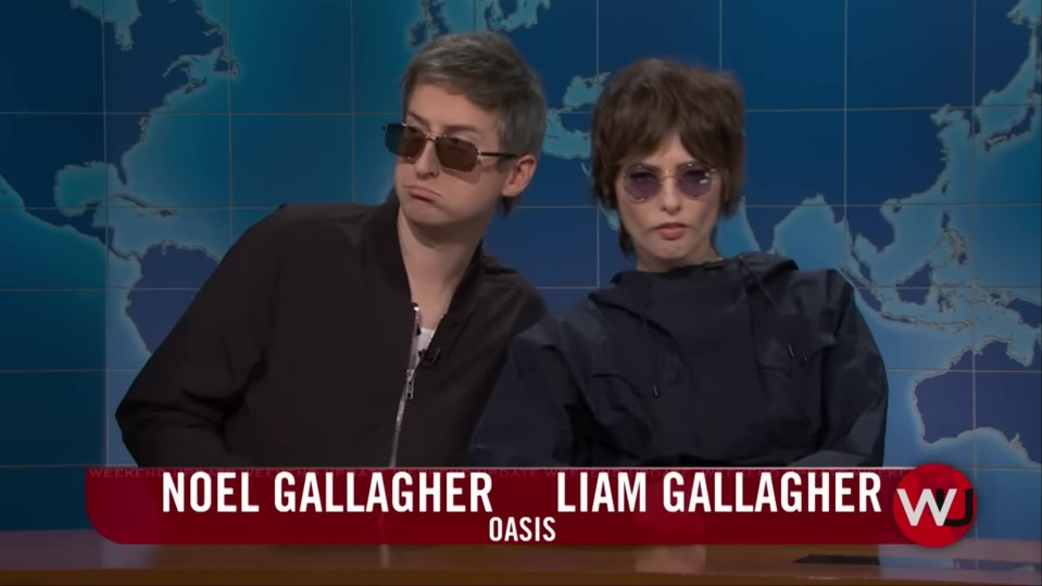 House comedians James Austin Johnson and Sarah Sherman snuck in a segment mocking Oasis brothers Liam and Noel Gallagher